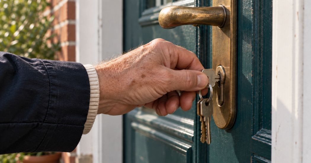 Oudere man steekt de sleutel in zijn voordeur, het moment waarop aandrang tot plassen vaak opkomt