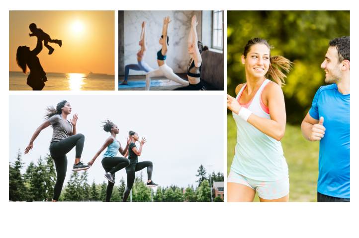Collage van vrouwen na bevalling: actief zonder urineverlies tijdens yoga, hardlopen, kind tillen.