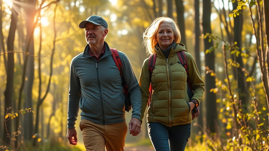 Man en vrouw wandelen ontspannen in de natuur zonder oorzaak overactieve blaas.