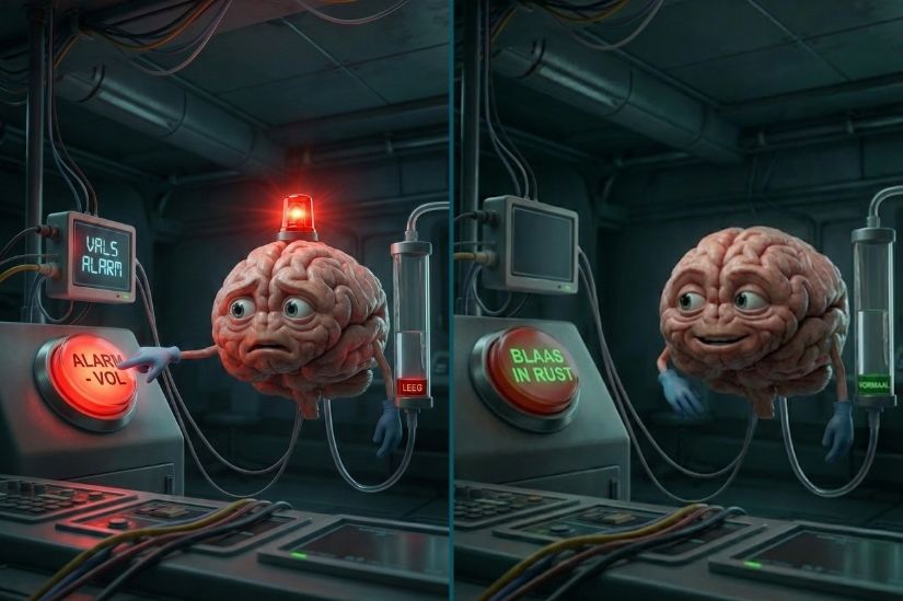 Van vals alarm naar blaas in rust Split-afbeelding met brein: links vals alarm bij overactieve blaas, rechts blaas in rust (blaas-brein aanpak)