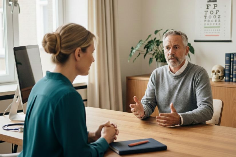 huisarts-consult-veiligheid Huisarts luistert naar patiënt als symbool voor medische check bij plasproblemen.