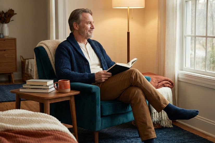 Rust signaleert veiligheid Man zit rustig te lezen als metafoor voor kalmeren bij plasdrang en overactieve blaas.