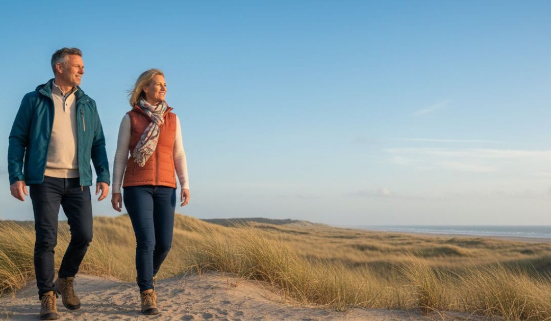 Man en vrouw wandelen ontspannen buiten als symbool voor minder toiletstress bij overactieve blaas.