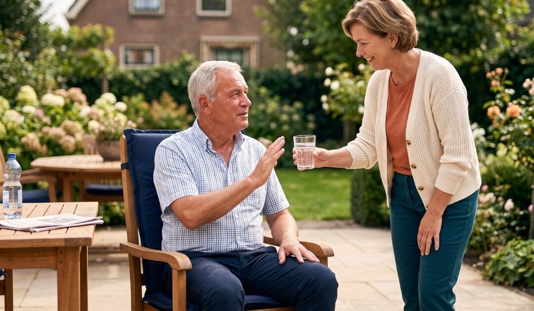 Oudere man in een zonnige tuin wuift een aangeboden glas water weg terwijl een vrouw het hem aanreikt, als beeld bij minder drinken bij warm weer.