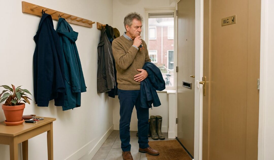 Man staat met jas en sleutels in de hand in de gang bij zijn voordeur en aarzelt, als beeld bij vaak plassen als man en overactieve blaas man.