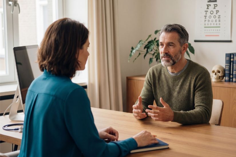 Man in gesprek met zijn huisarts in de spreekkamer over vaak plassen en de prostaat, bij de uitleg wanneer je als man naar de huisarts gaat.