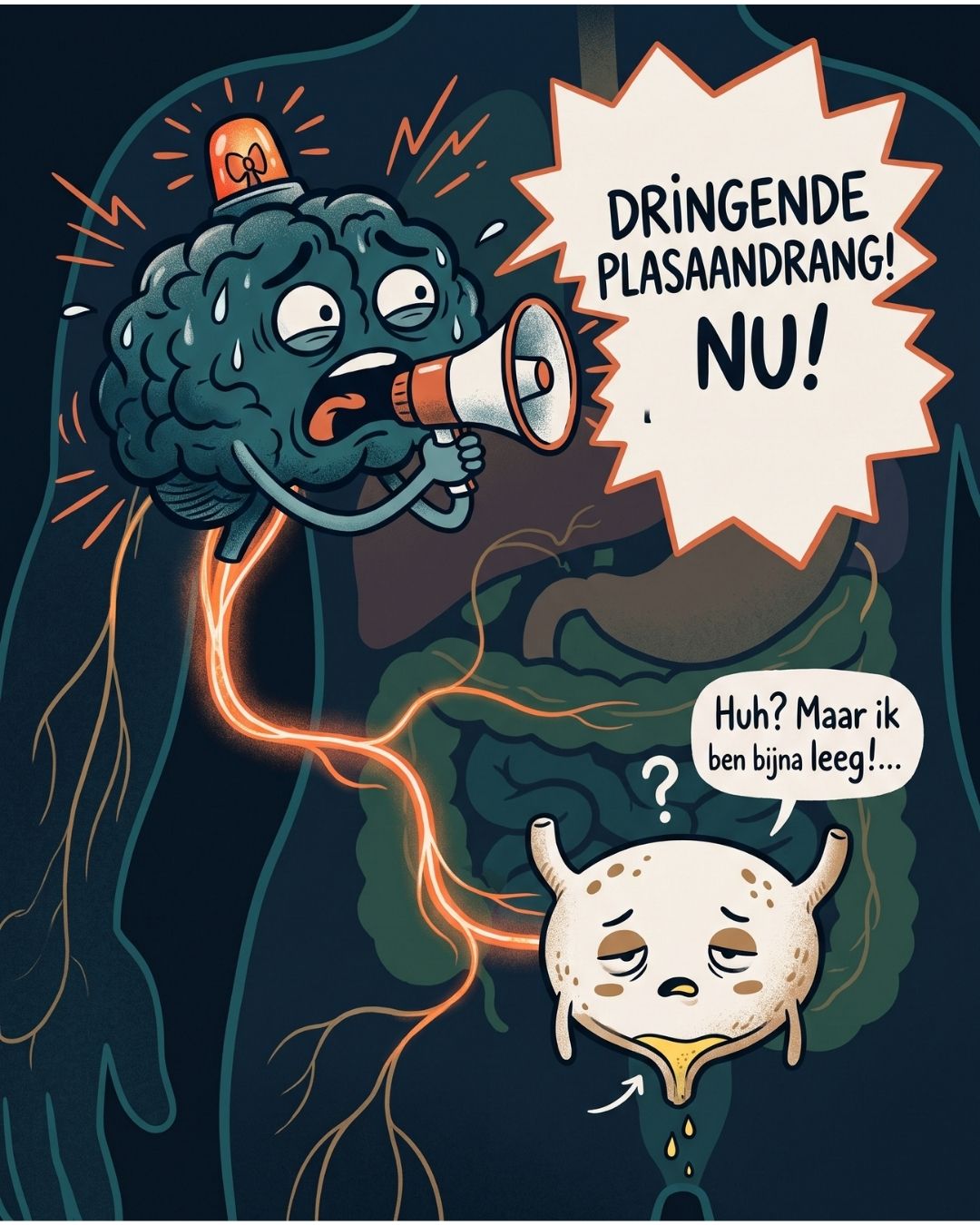 Cartoon van een brein met zwaailicht en megafoon dat "dringende plasaandrang, nu" roept naar een bijna lege blaas, als beeld van hoe een overactieve blaas ontstaat doordat het brein te vroeg alarm slaat.